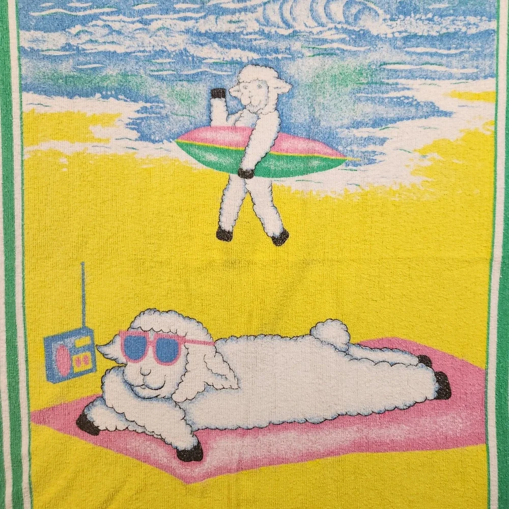 Vintage 90's Beach Towel Yellow Green Blue Sheep Surfing Retro Kitsch Summer